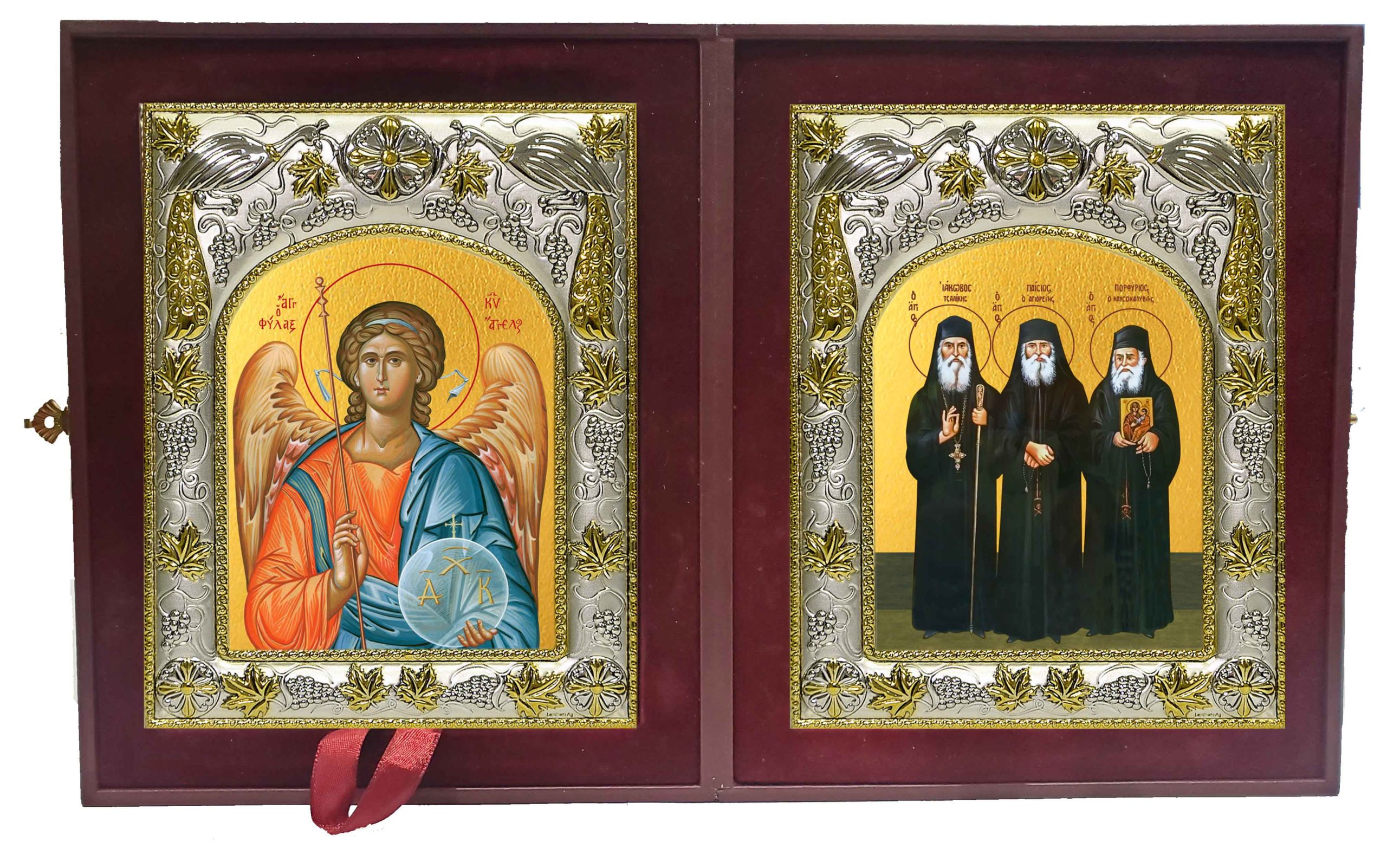 Складень Ангел Хранитель и Иаков (Тсаликис) Эвбейский Блаженный старец, преподобный Паисий Святогорец, преподобный Порфирий Кавсокаливит