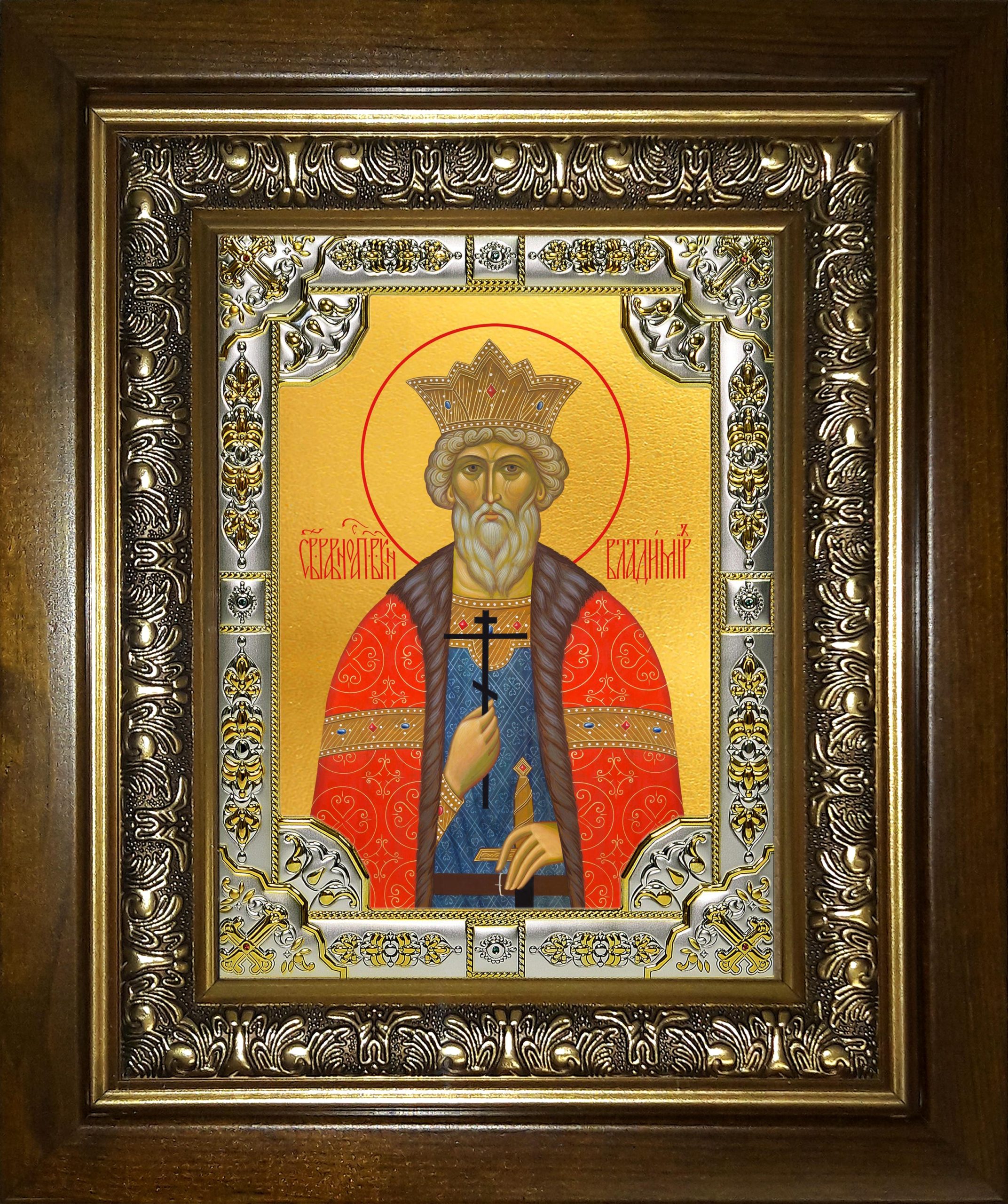 Икона освященная "Владимир равноапостольный, Великий князь", в киоте 24x30 см