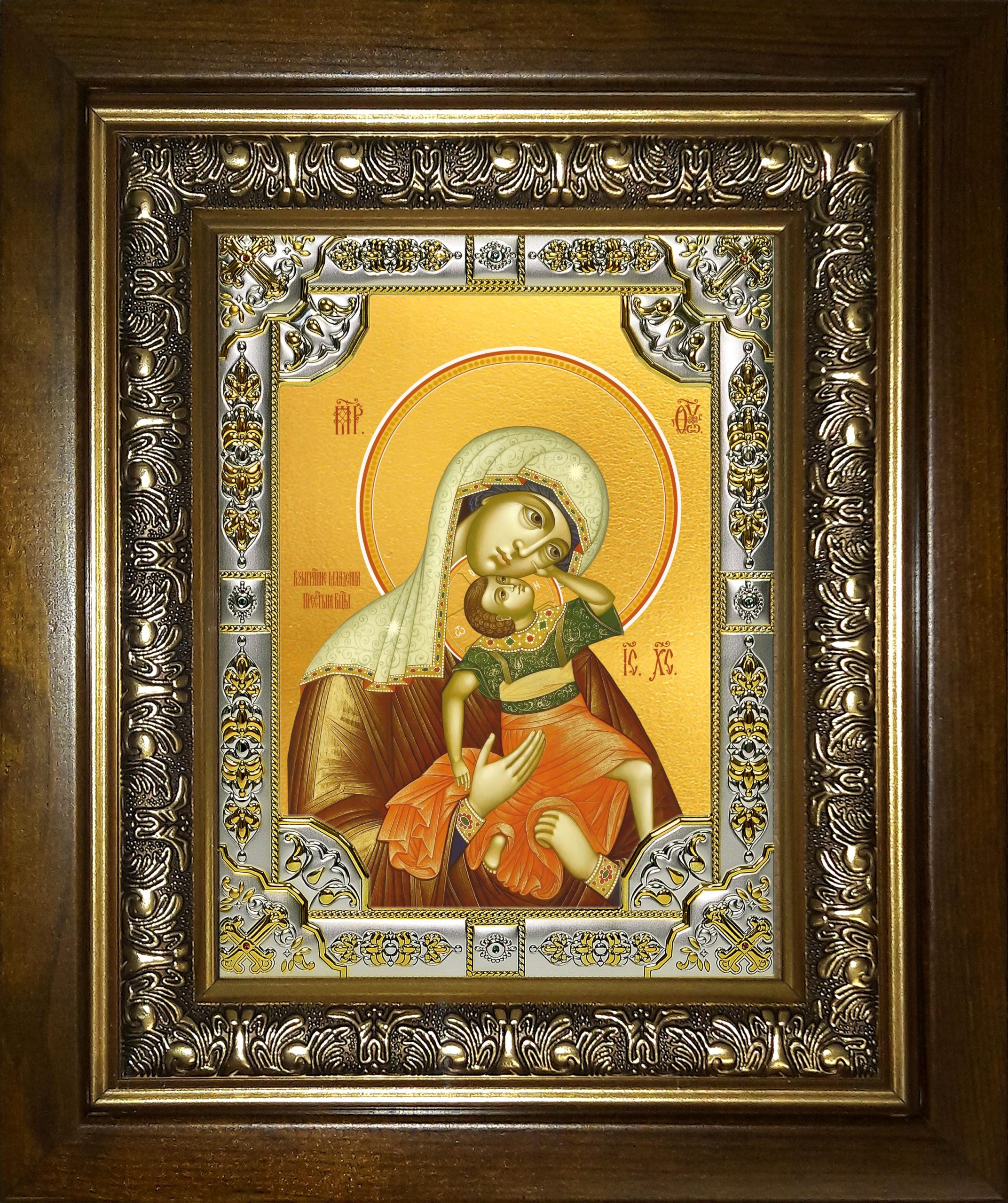 Икона освященная "Взыграние младенца, икона Божией Матери", в киоте 24x30 см
