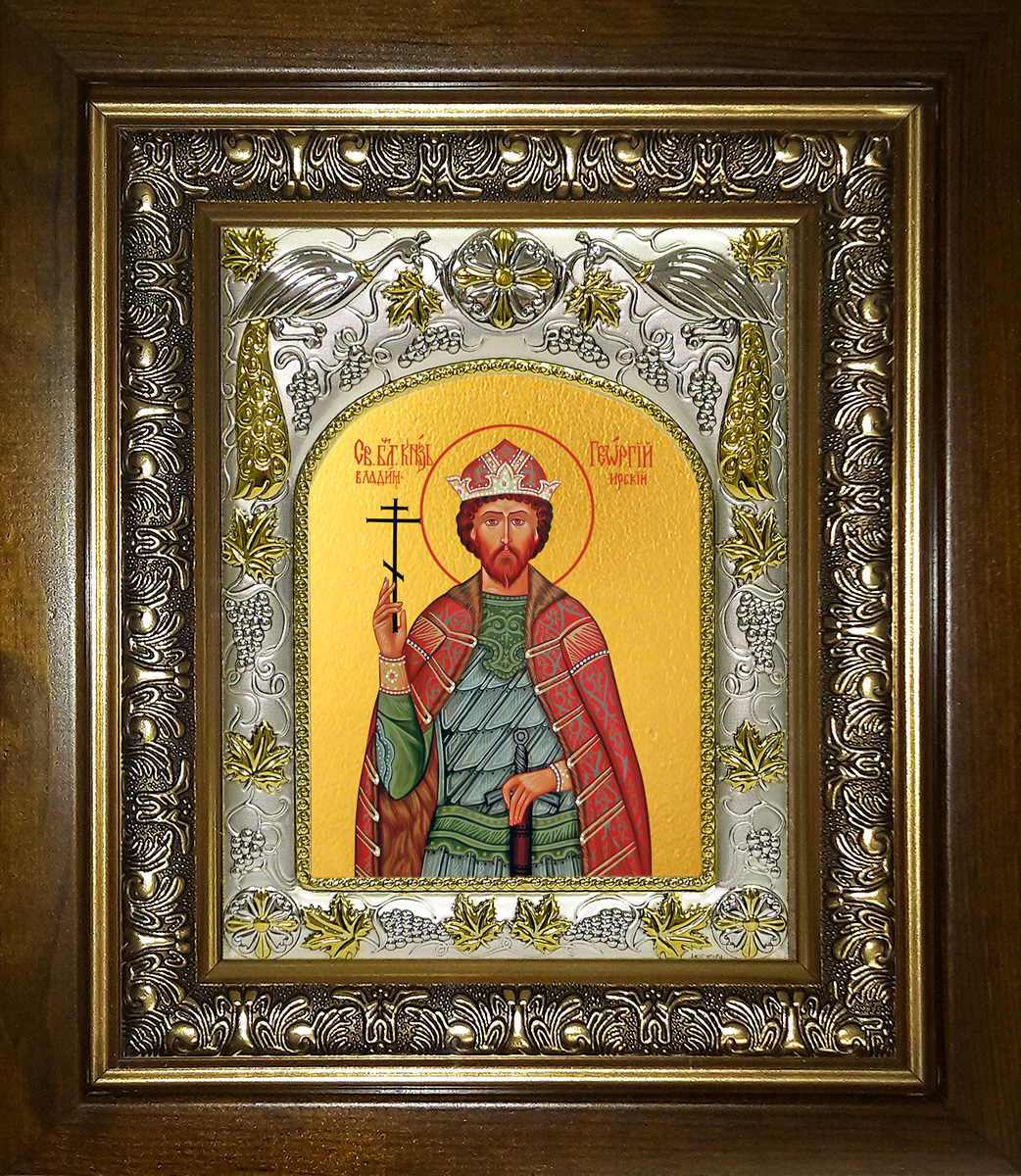 Икона освященная "Георгий (Юрий) Всеволодович, Владимирский, благоверный князь", в киоте 20x24 см