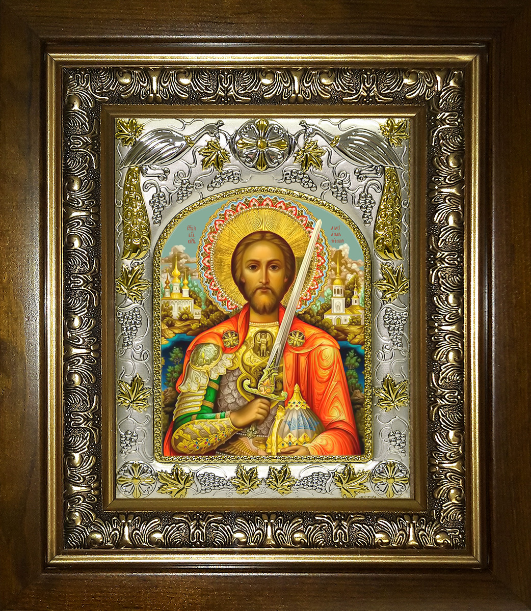 Икона освященная "Александр Невский, благоверный князь", в киоте 20x24 см