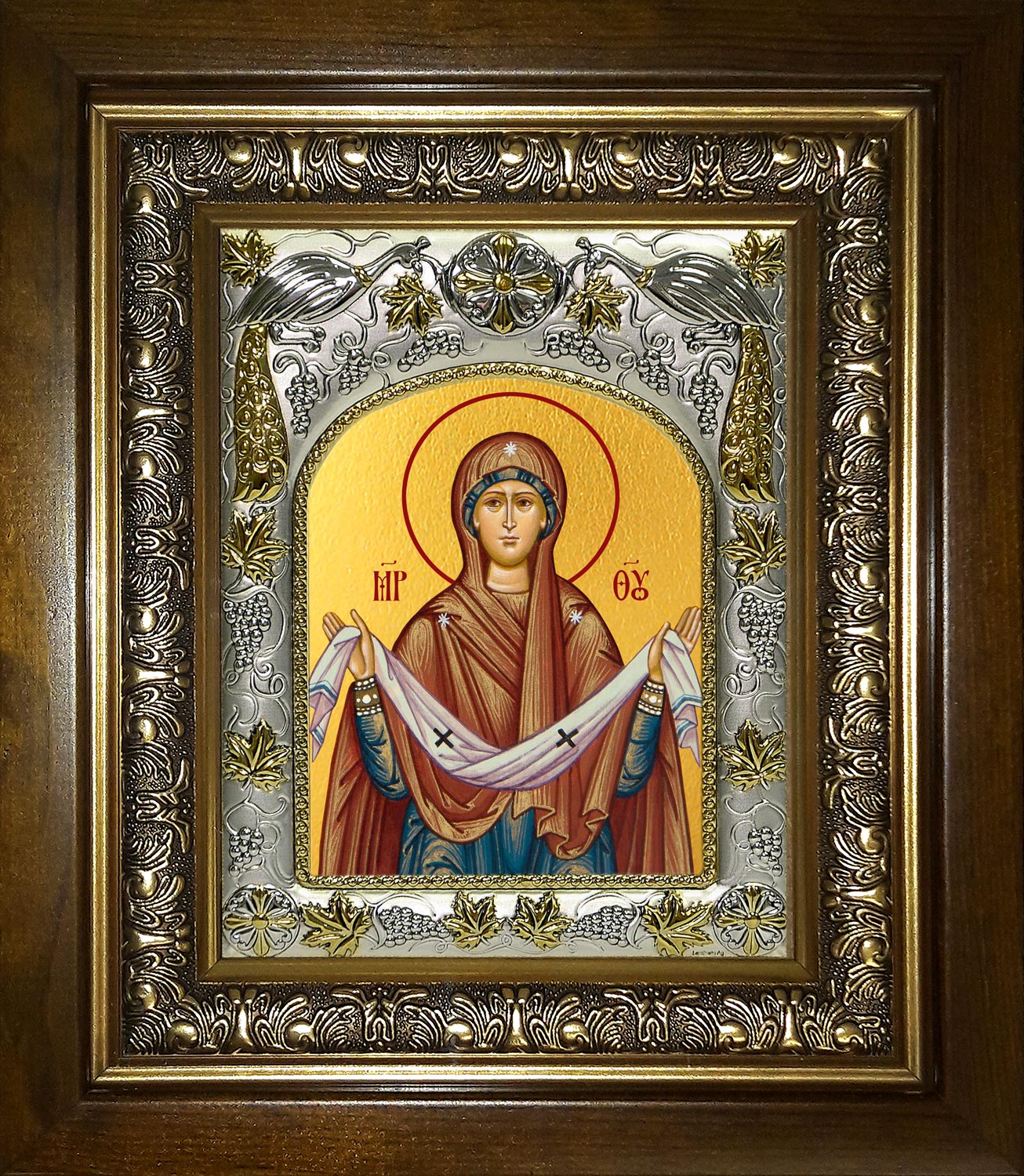 Икона освященная "Покров, икона Божией Матери", в киоте 20x24 см