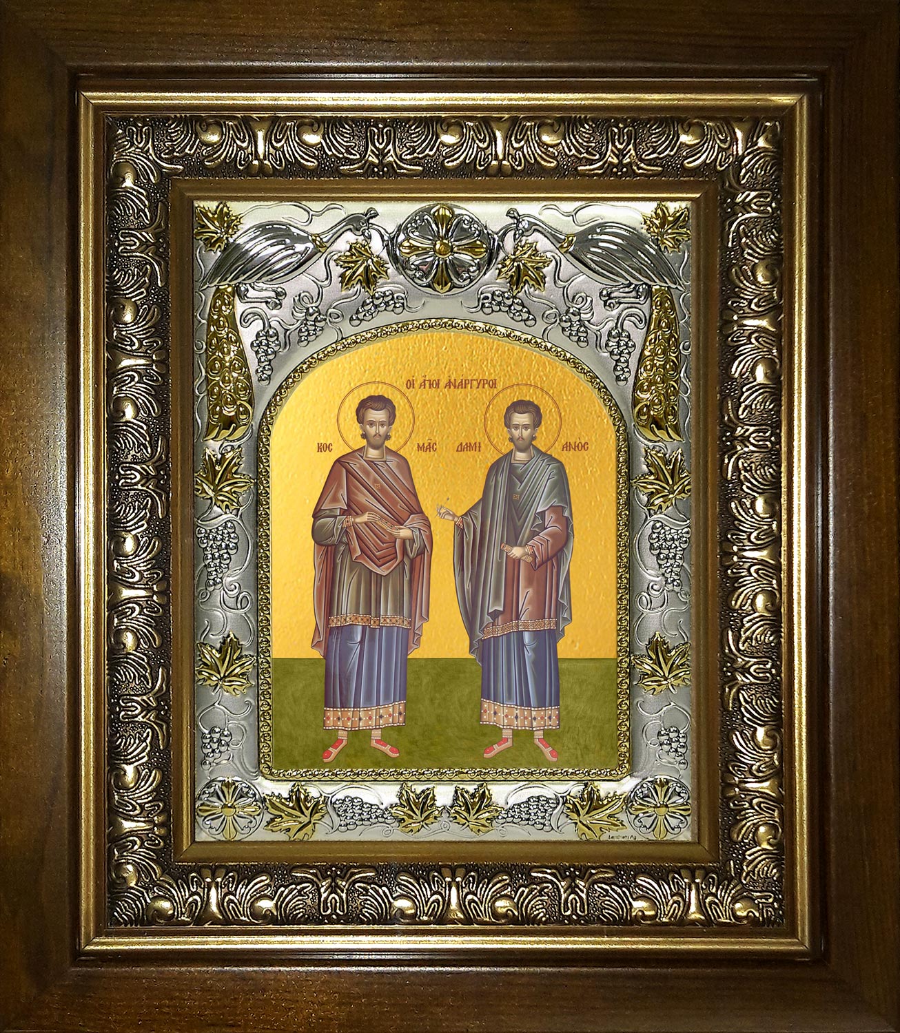 Икона освященная "Косьма и Дамиан мученики, целители, бессребреники", в киоте 20x24 см