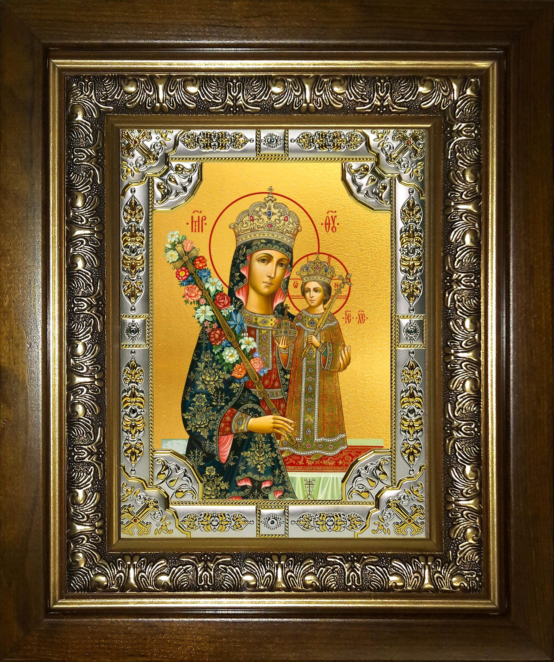 Икона освященная "Неувядаемый цвет, икона Божией Матери", в киоте 24x30 см