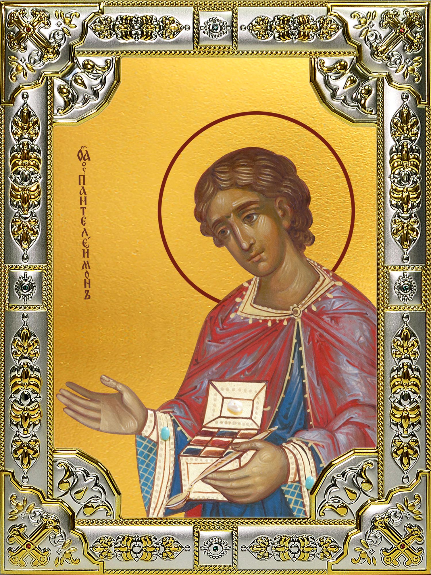 Икона освященная "Пантелеймон великомученик и целитель", 18x24 см, со стразами