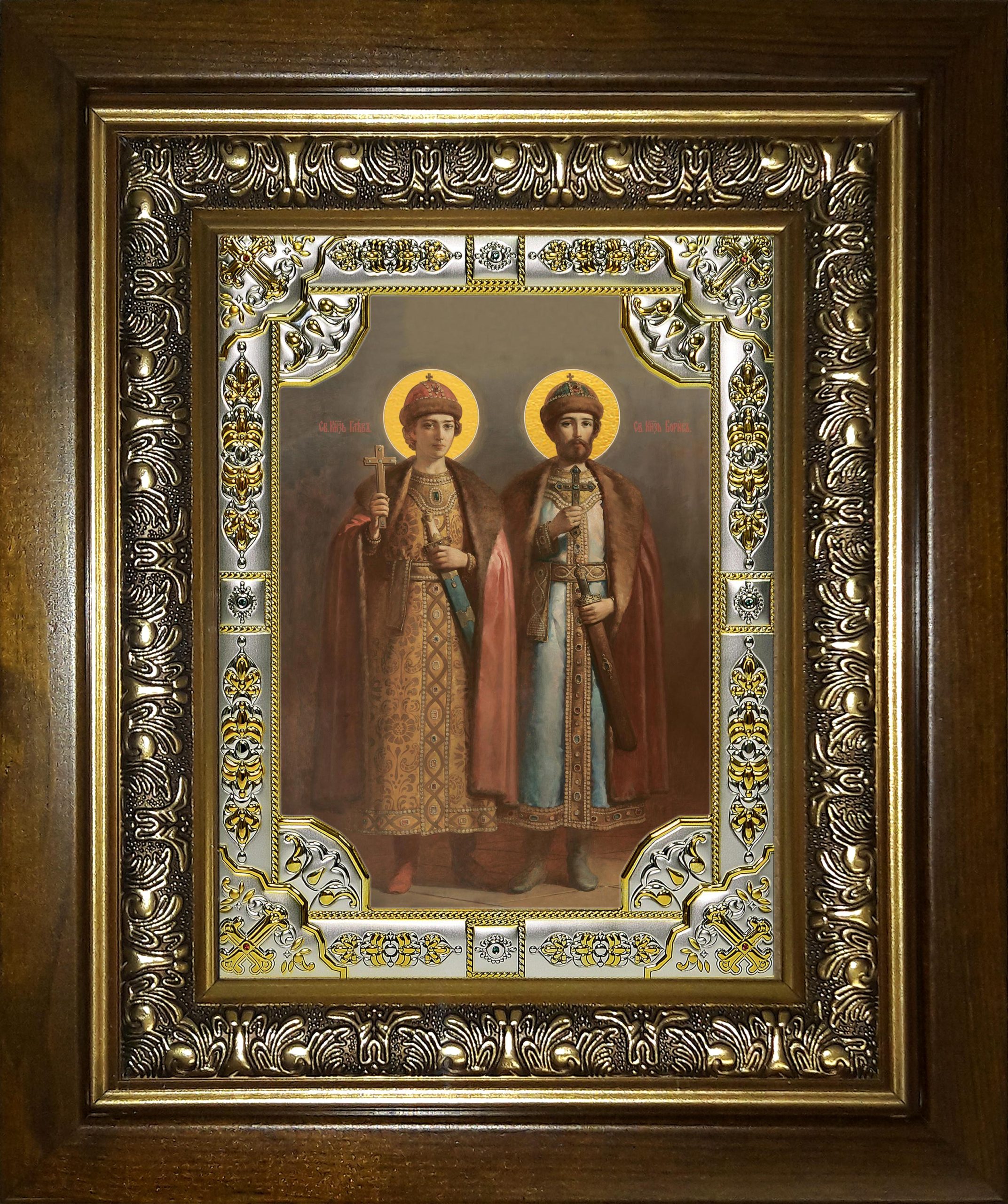Икона освященная "Борис и Глеб благоверные князья-страстотерпцы", в киоте 24x30 см