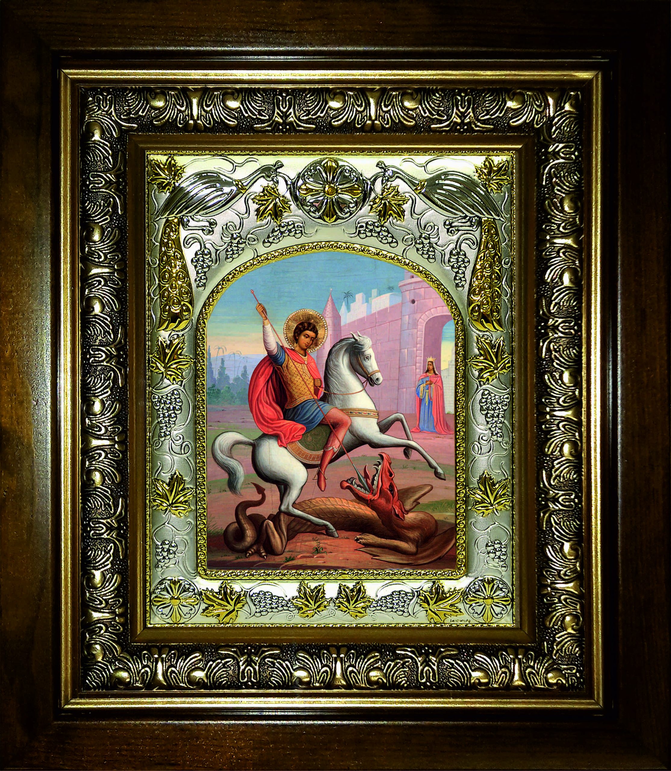 Икона освященная "Чудо Георгия о змие", в киоте 20x24 см