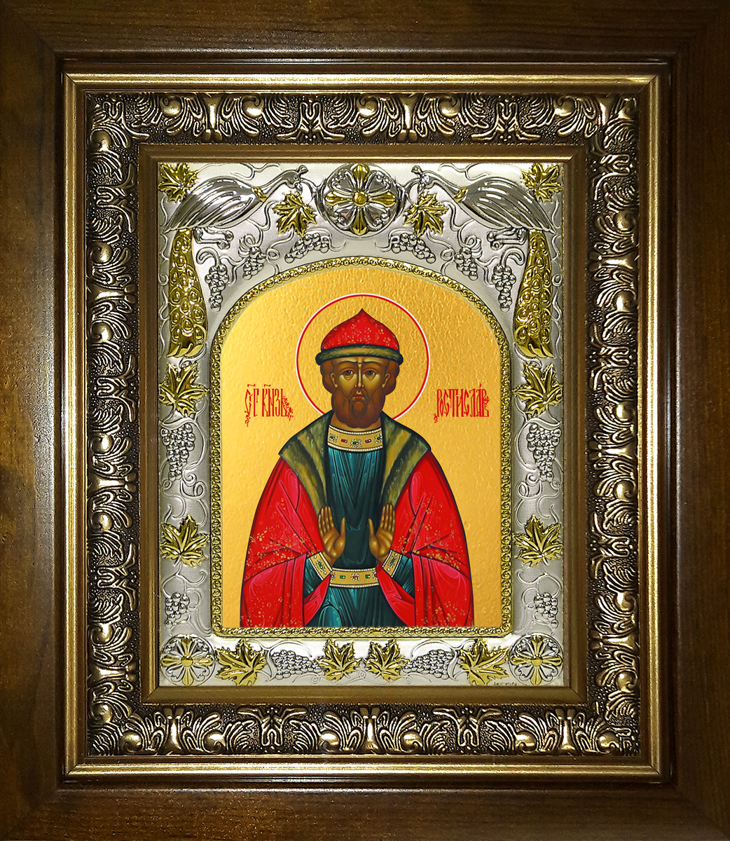 Икона освященная "Ростислав Мстиславович, Святой благоверный князь Смоленский", в киоте 20x24 см