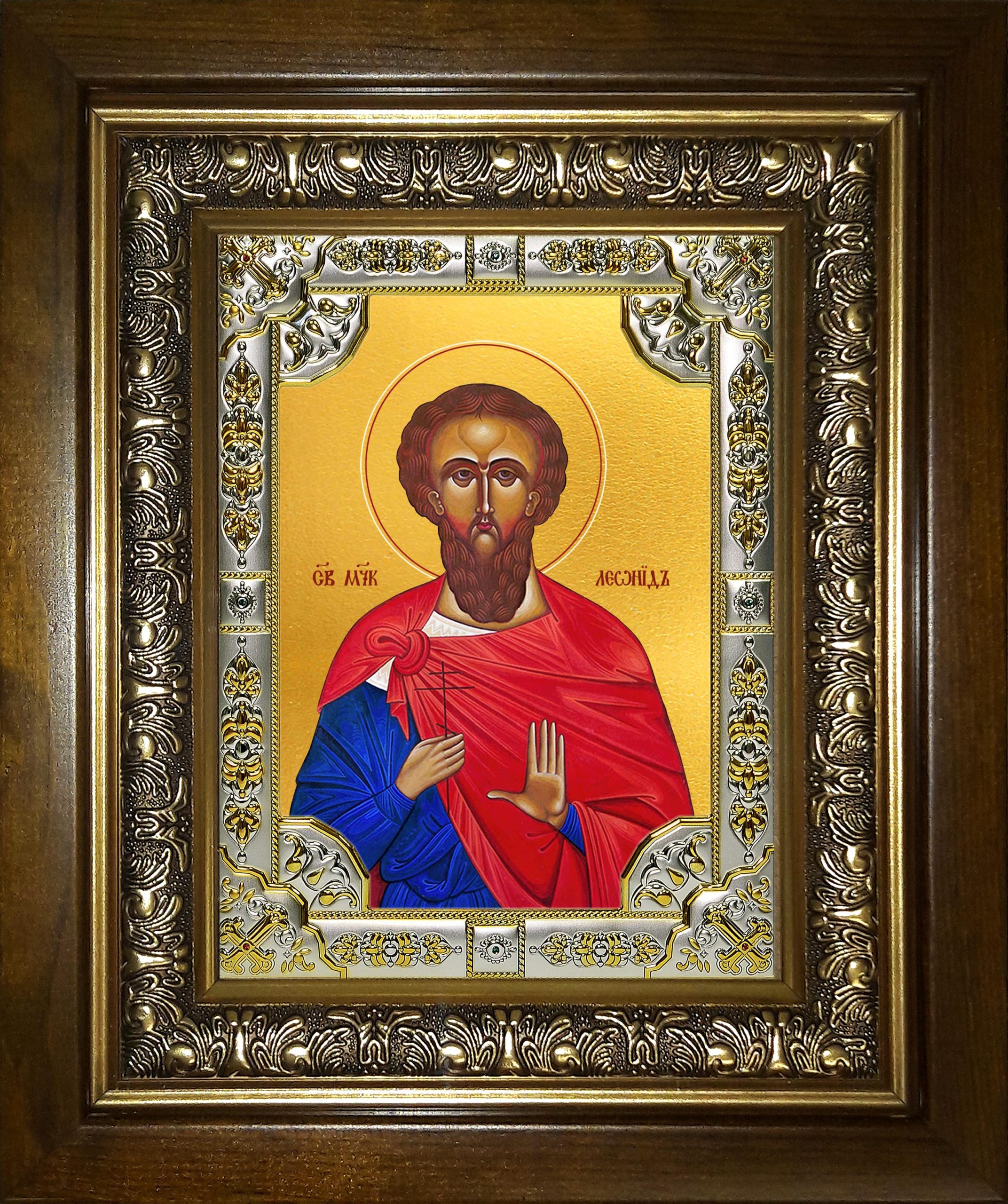 Икона освященная "Леонид мученик", в киоте 24x30 см