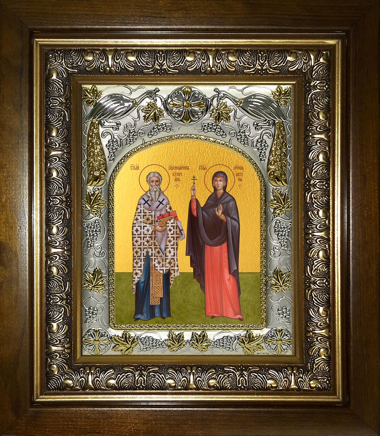 Икона освященная "Киприан и Иустина мученики ", в киоте 20x24 см
