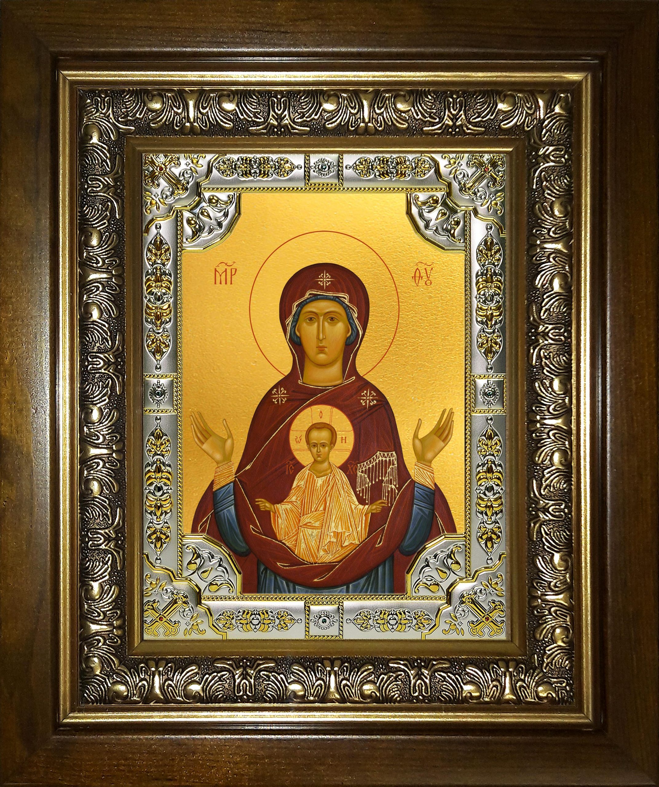 Икона освященная "Знамение, икона Божией Матери", в киоте 24x30 см
