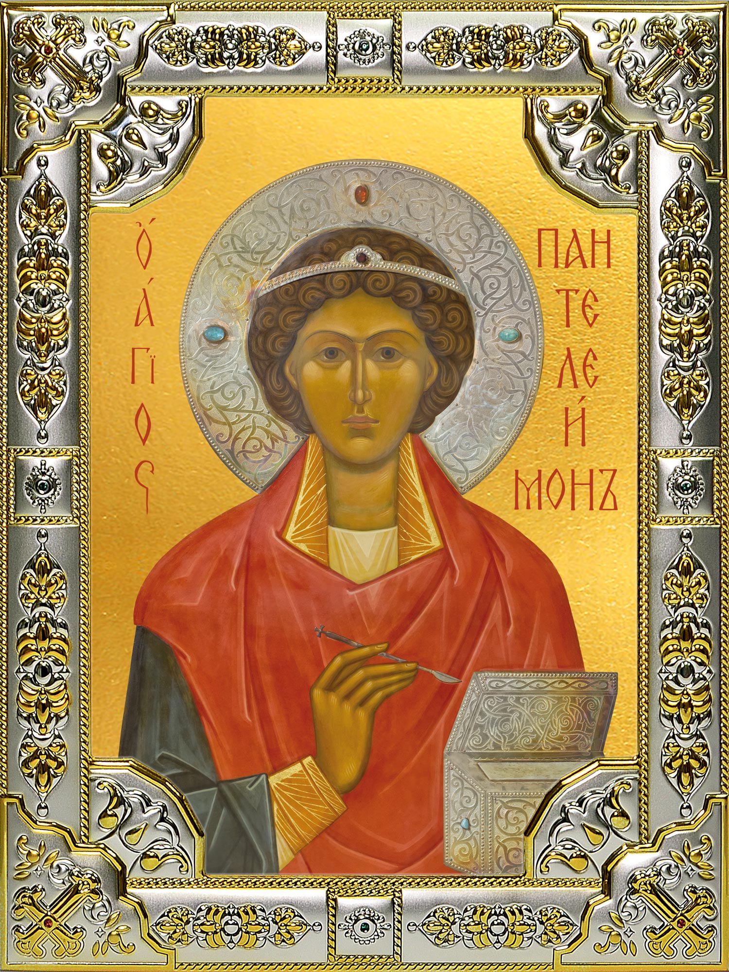 Икона освященная "Пантелеймон великомученик и целитель", 18x24 см, со стразами