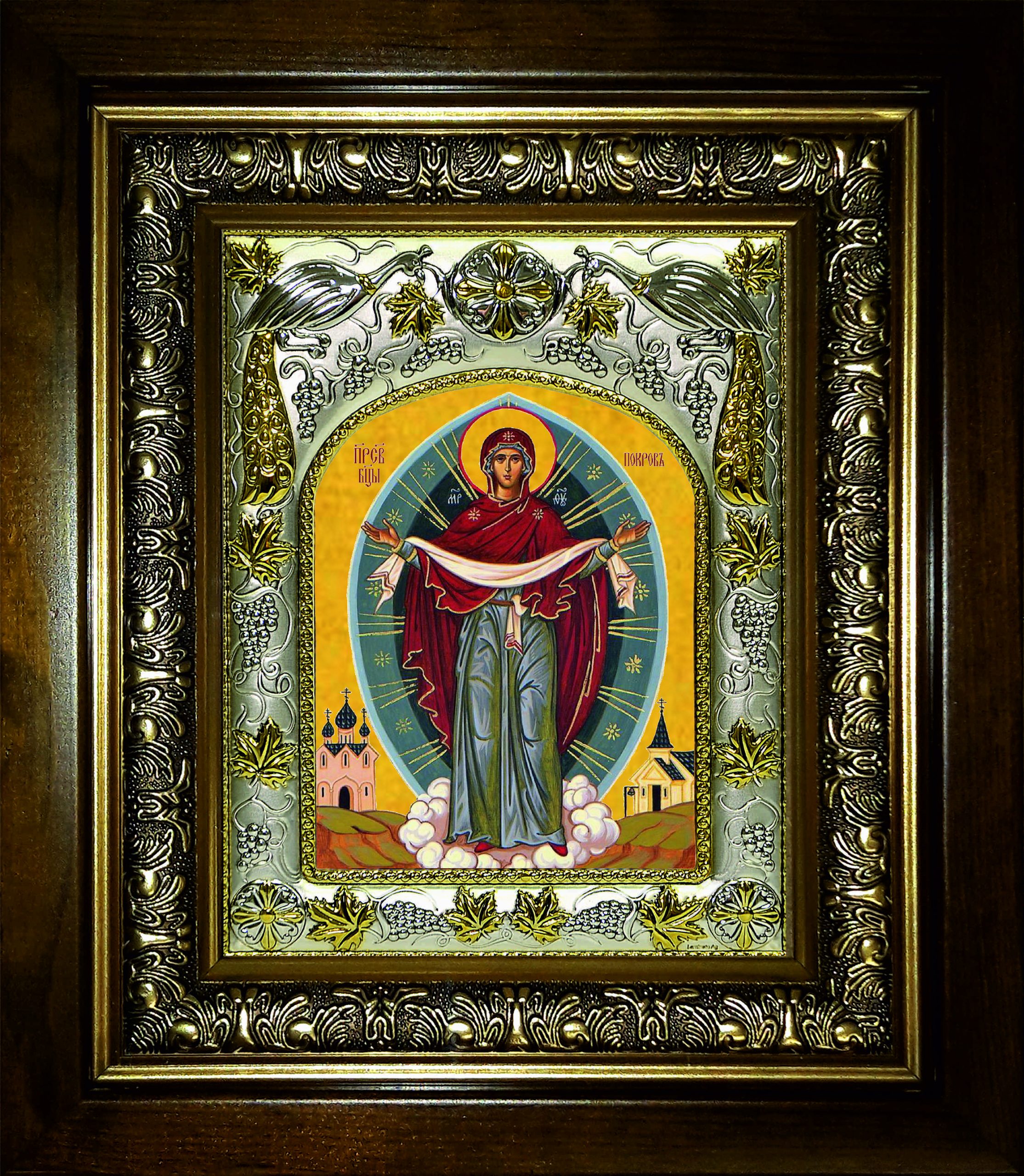 Икона освященная "Покров, икона Божией Матери", в киоте 20x24 см