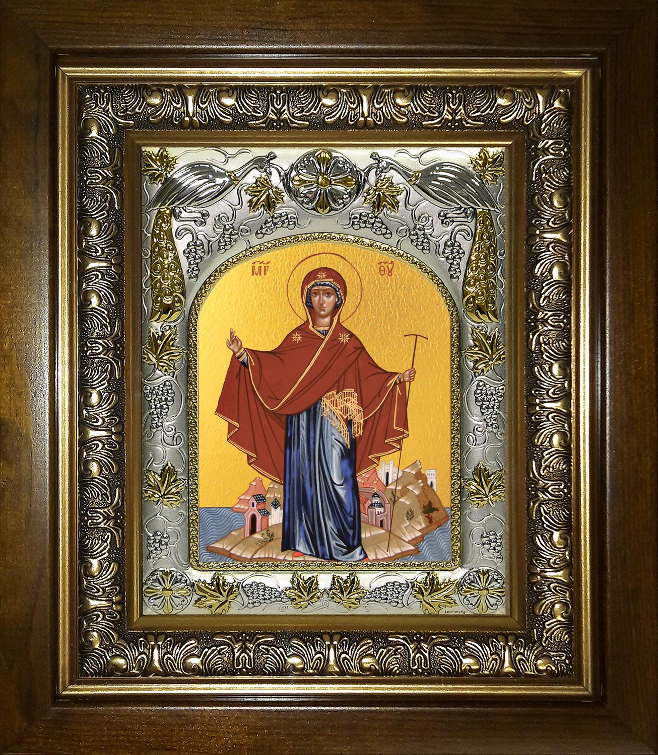 Икона освященная "Игумения святой Горы Афонской, икона Божией Матери", в киоте 20x24 см