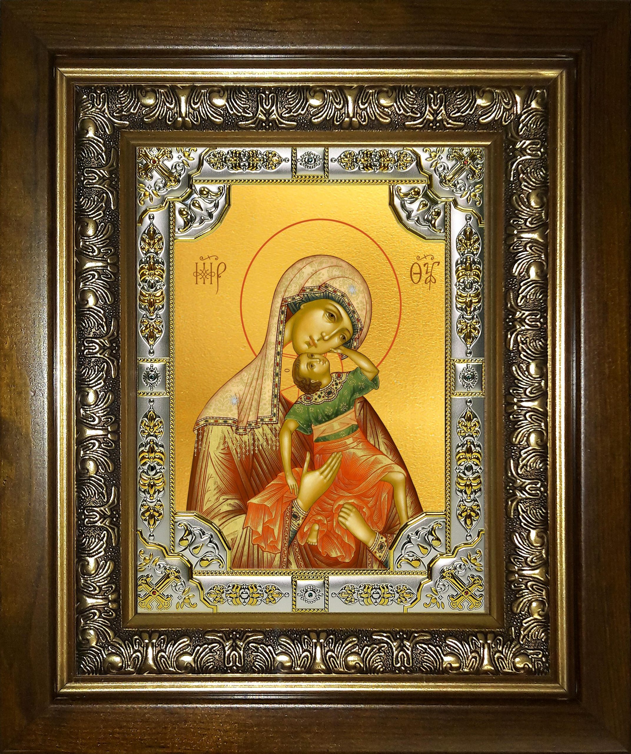 Икона освященная "Акидимская икона Божией Матери (Взыграние младенца)", в киоте 24x30 см