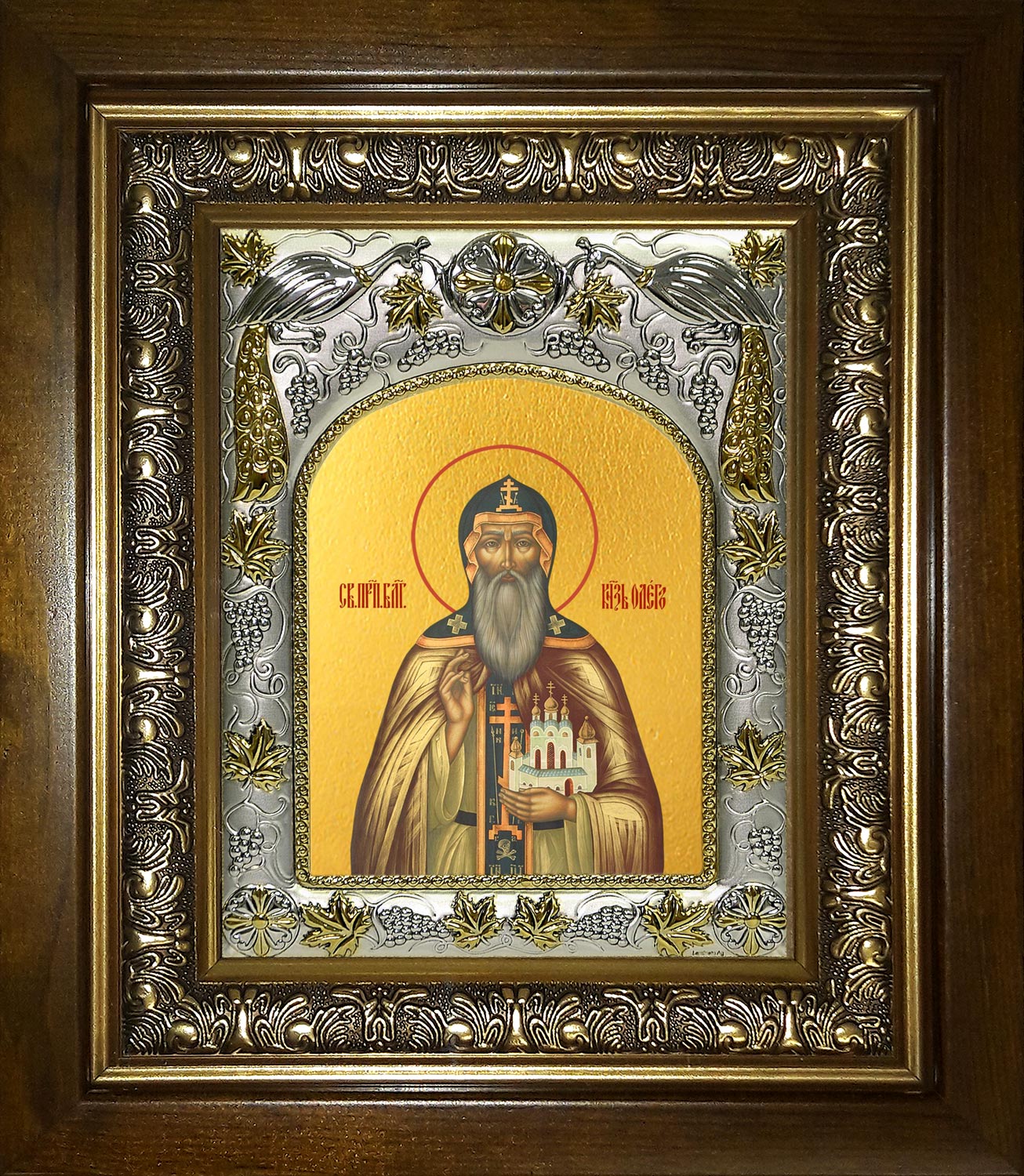Икона освященная "Олег Брянский, благоверный князь", в киоте 20x24 см
