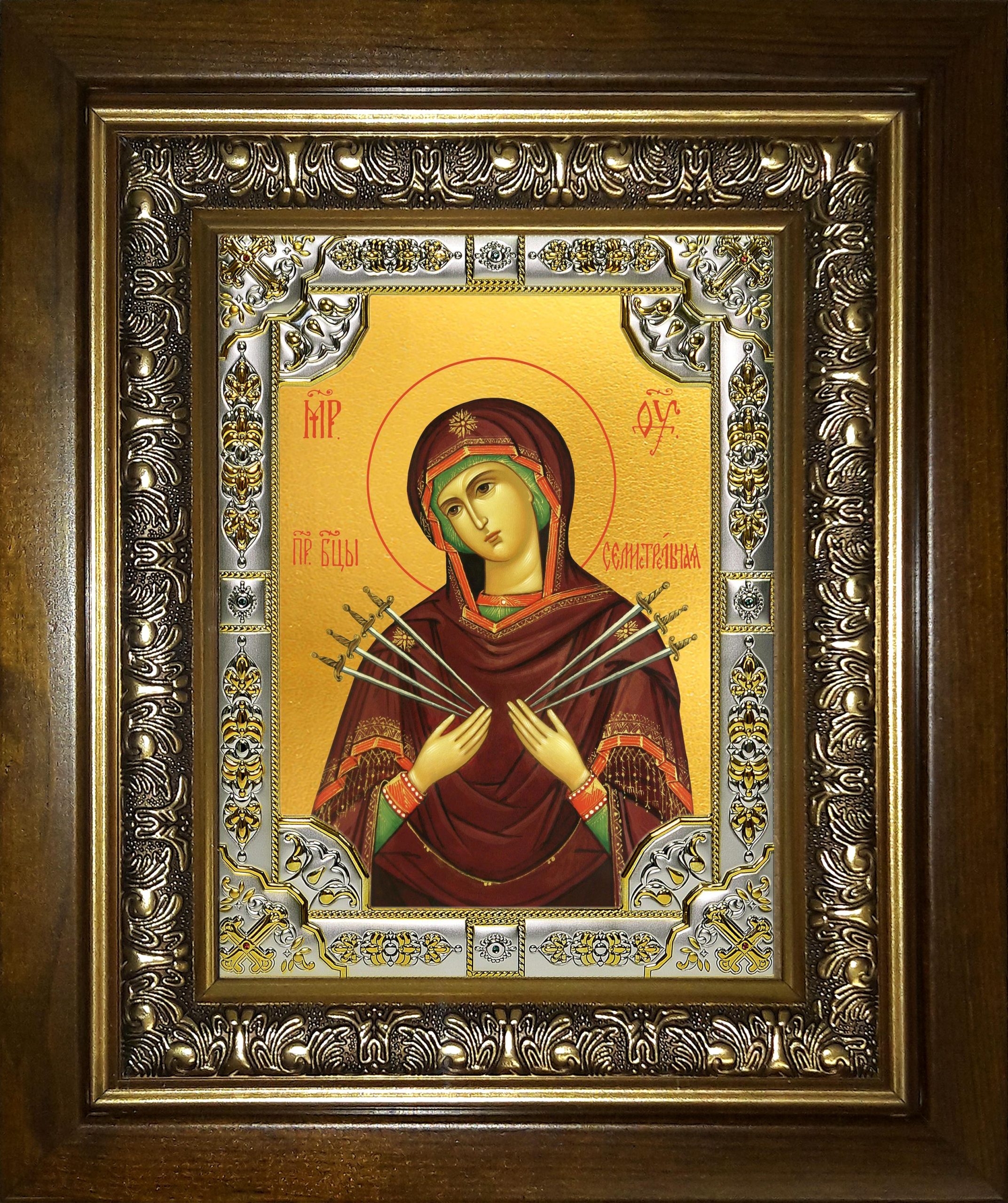 Икона освященная "Семистрельная икона Божией Матери", в киоте 24x30 см