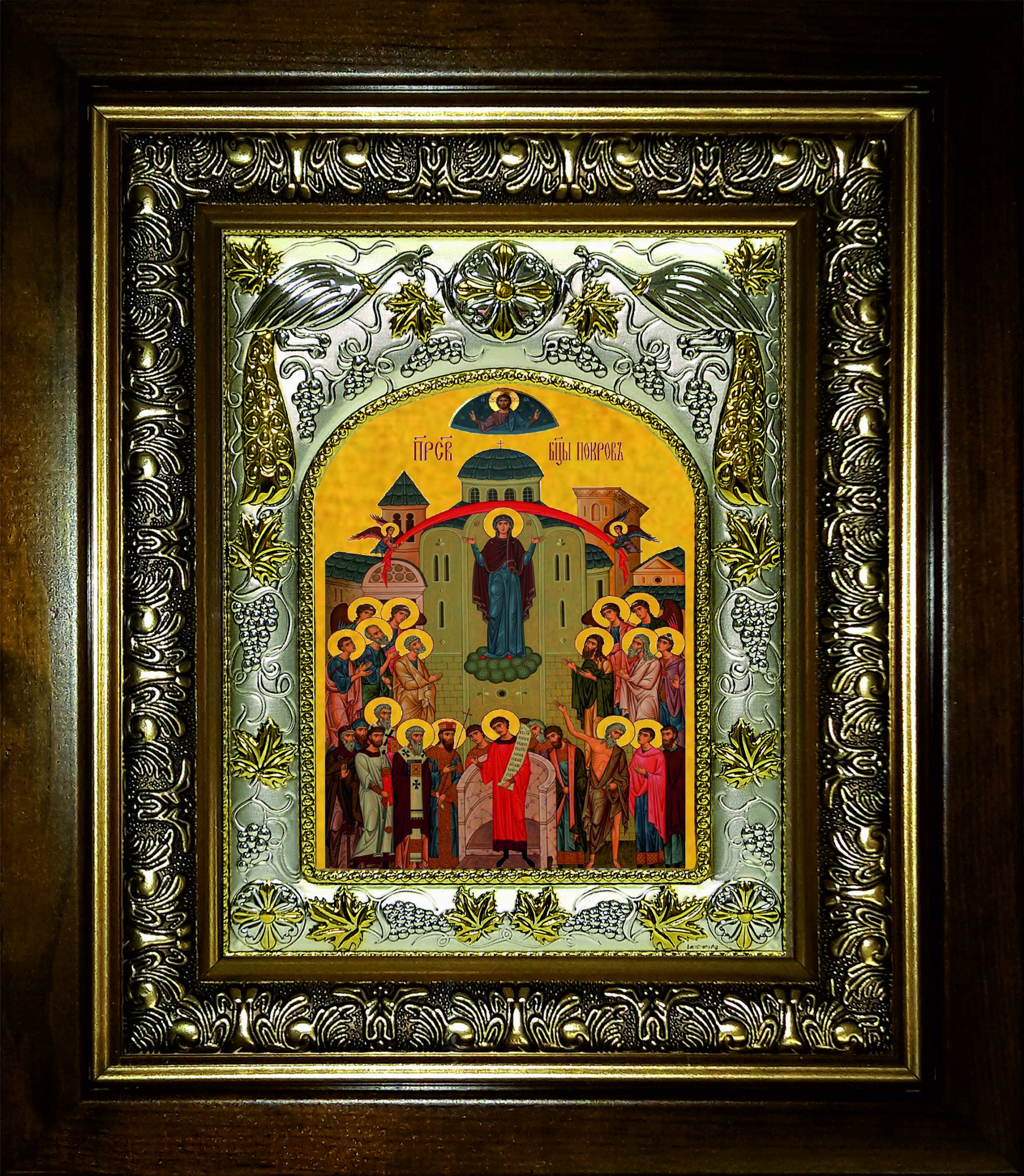 Икона освященная "Покров, икона Божией Матери", в киоте 20x24 см