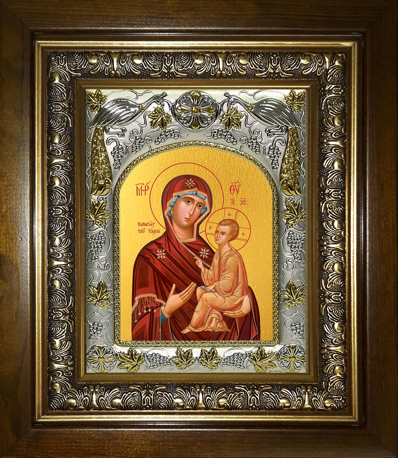 Икона освященная "Тихвинская икона Божией Матери", в киоте 20x24 см