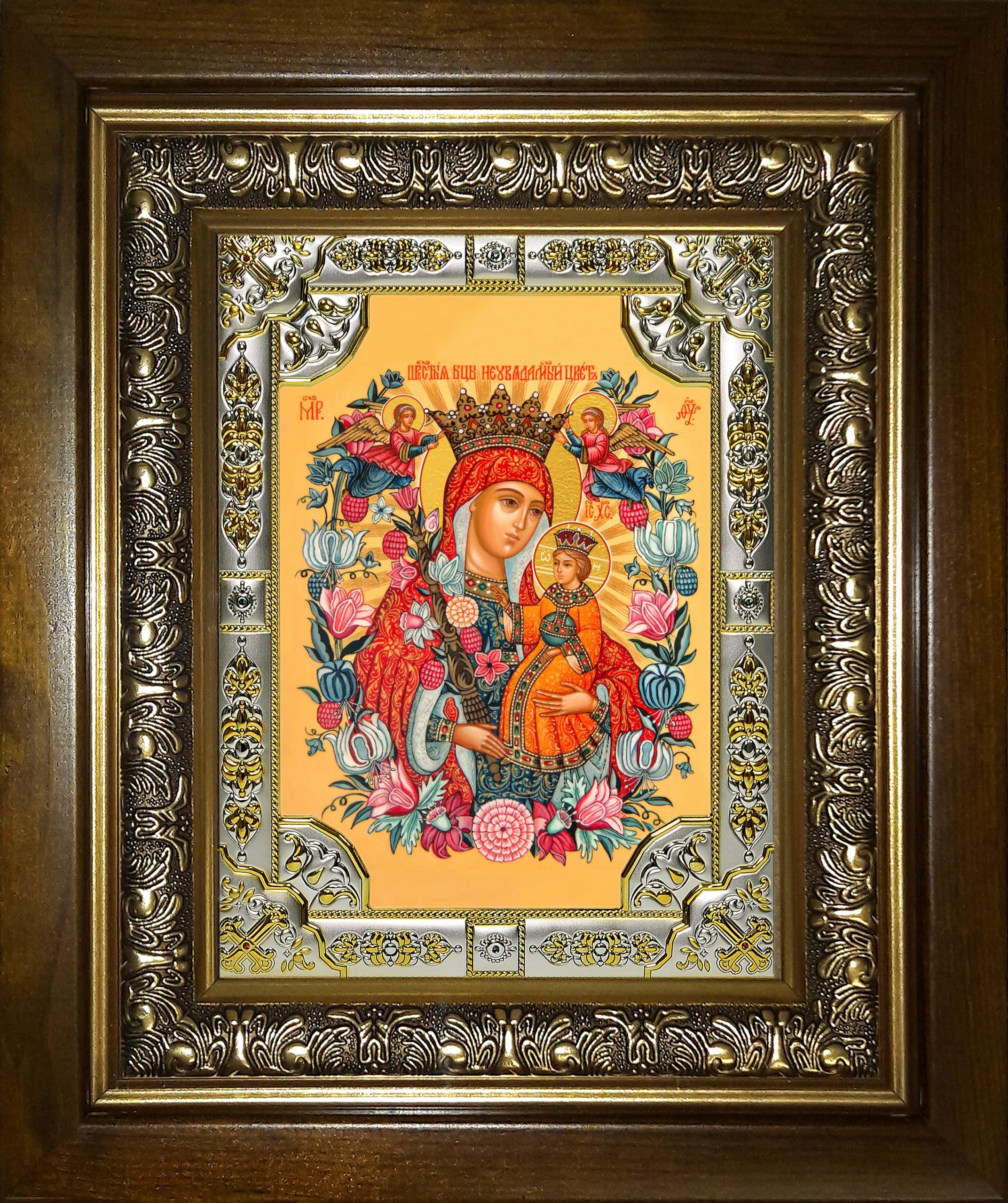 Икона освященная "Неувядаемый цвет, икона Божией Матери", в киоте 24x30 см