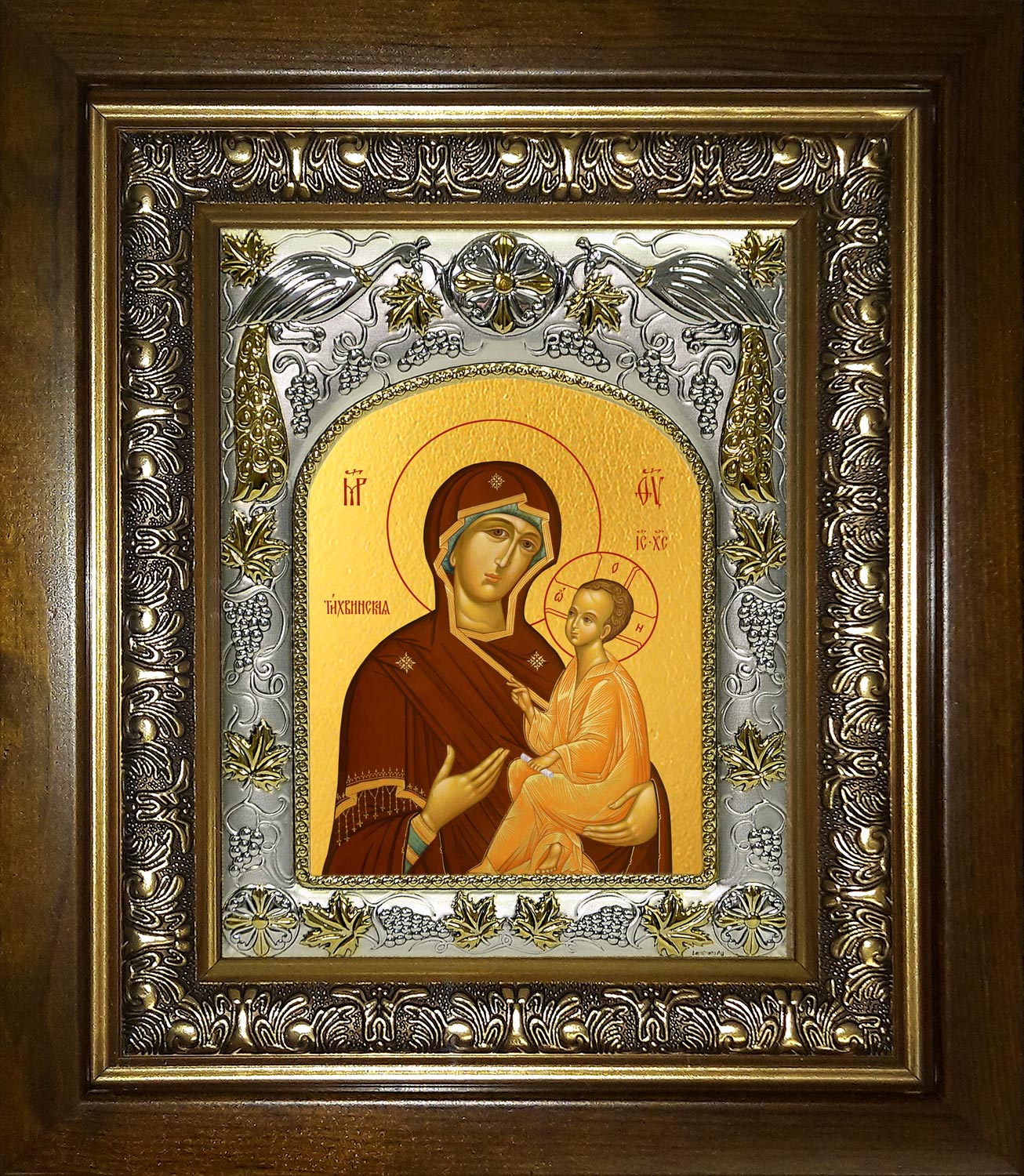 Икона освященная "Тихвинская икона Божией Матери", в киоте 20x24 см