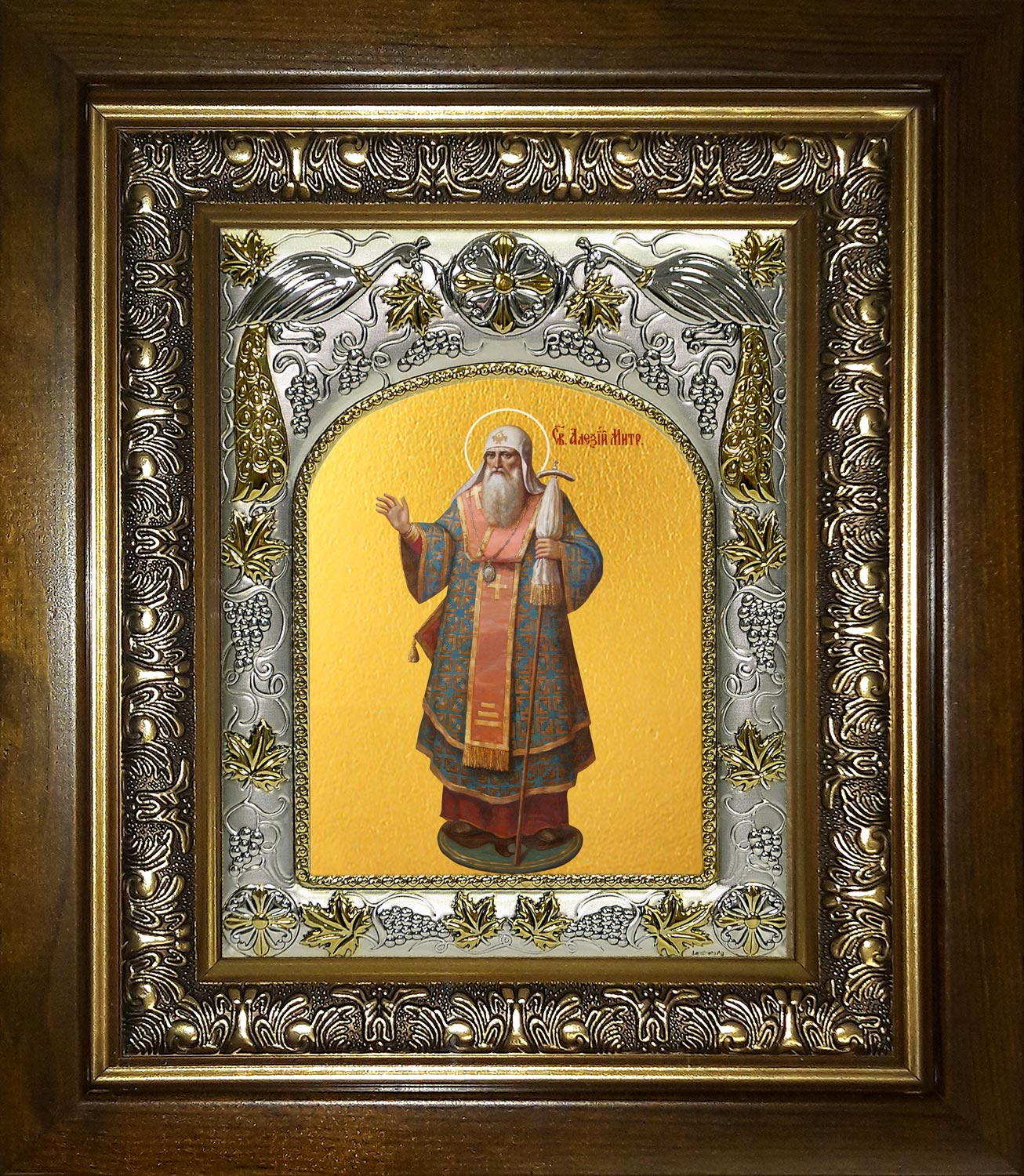 Икона освященная "Алексий (Алексей), митрополит Московский и всея Руси, чудотворец, святитель", в киоте 20x24 см