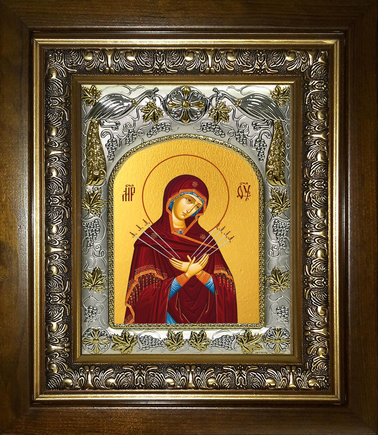 Икона освященная "Семистрельная икона Божией Матери", в киоте 20x24 см